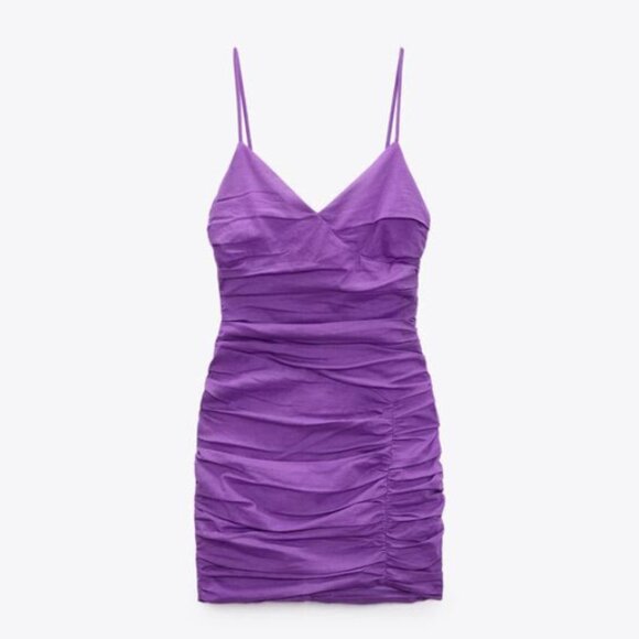 Zara Draped Blended Linen Lilac Minidress, XL - Picture 1 of 1